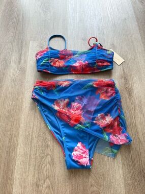 hutch mazina blue floral print ruched mesh overlay bikini set size small NEW